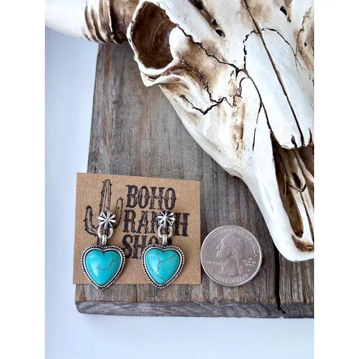 Turquoise Stone Western Heart Dangle Drop Earrings