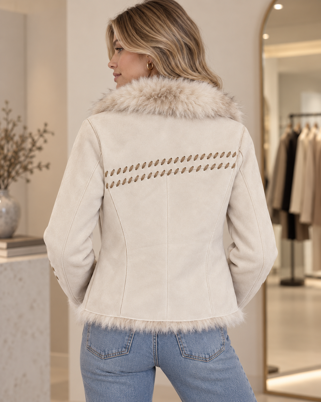 Montana Co Suede Jacket with Stitching & fur collar OFF WHITE