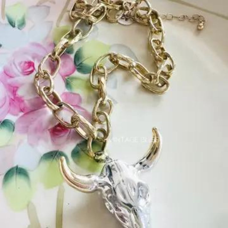 Vintage Bliss Silver Steer Head Gold Color Block Chain Necklace