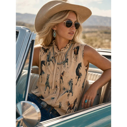 Avery Ryder Horses Print Ruffle Woven Top