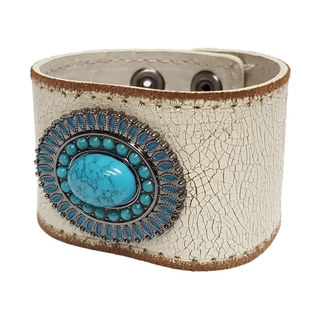 Vintage Distressed Leather Cuff Oval Turquoise Concho