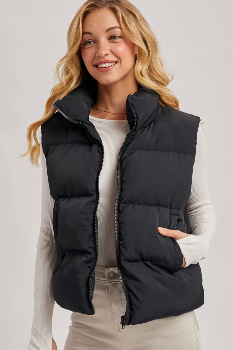 BLUIVY ZIPPER FRONT PUFFER VEST | BLACK - FRONT VIEW