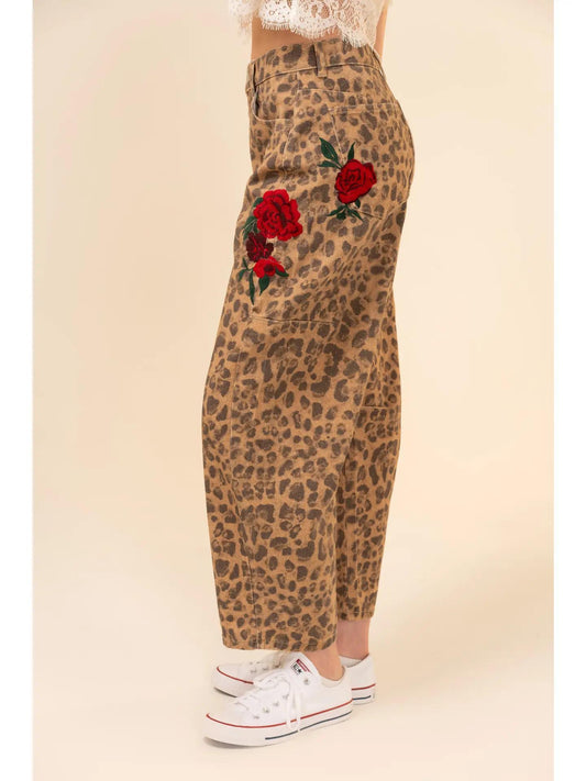 ROSE EMRBROIDERED LEOPARD BARREL PANTS