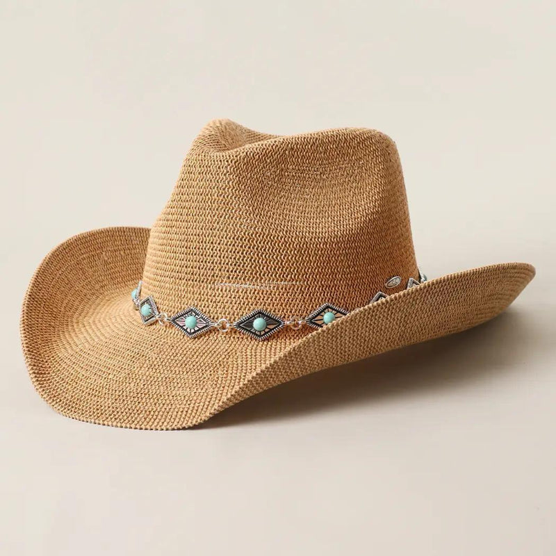 Fashion City Cowboy Straw Hat With Turquoise Metal Band