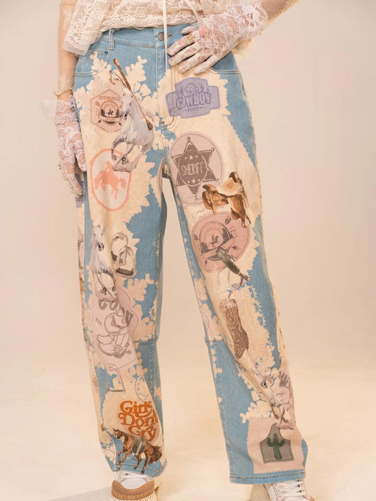 Western Motif Patch Loose Jeans