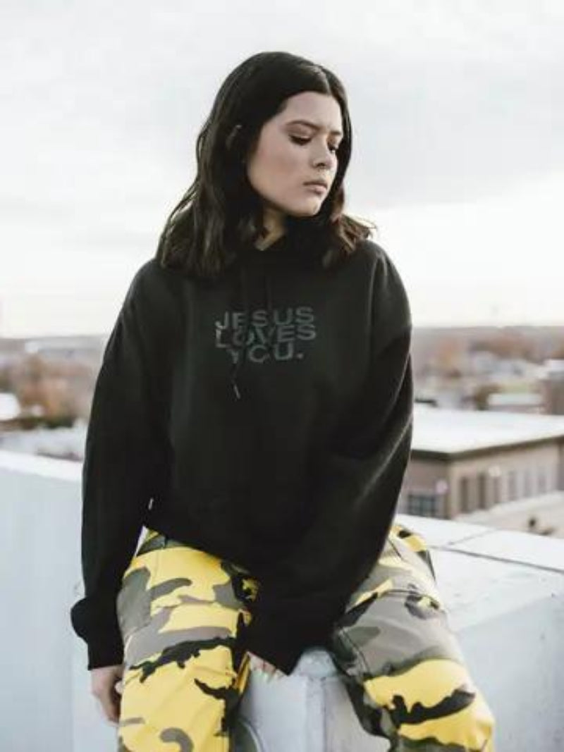 Jesus Loves You Company 3-D Puff Print Black on Black Logo Hoodie 