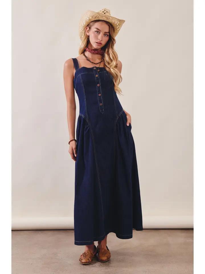Button-Front Denim Maxi Dress