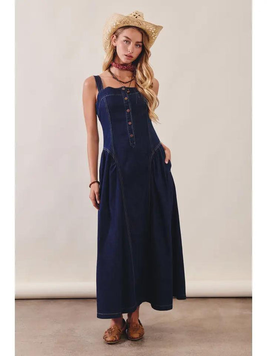 Button-Front Denim Maxi Dress
