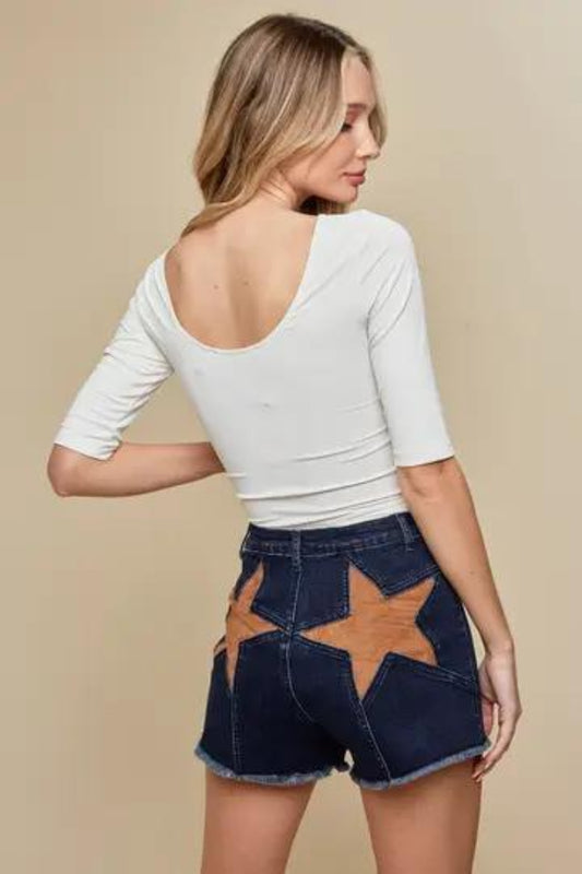 SAINTS & HEARTS DK. DENIM SHORTS W/TAN FAUX SUEDE STAR