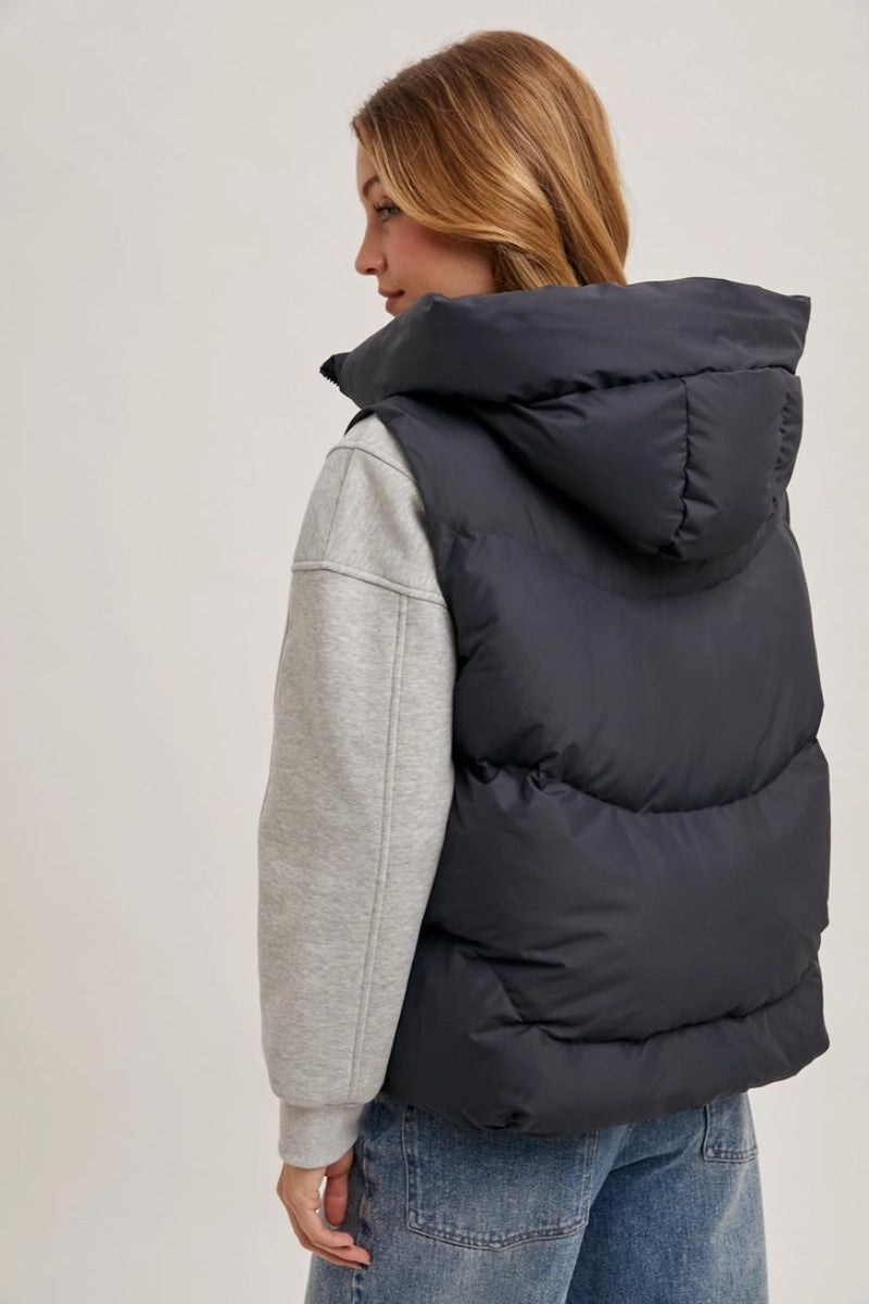 BLUIVY ZIPPER DOWN PUFFER HOODED VEST | ASH - BACK VIEW