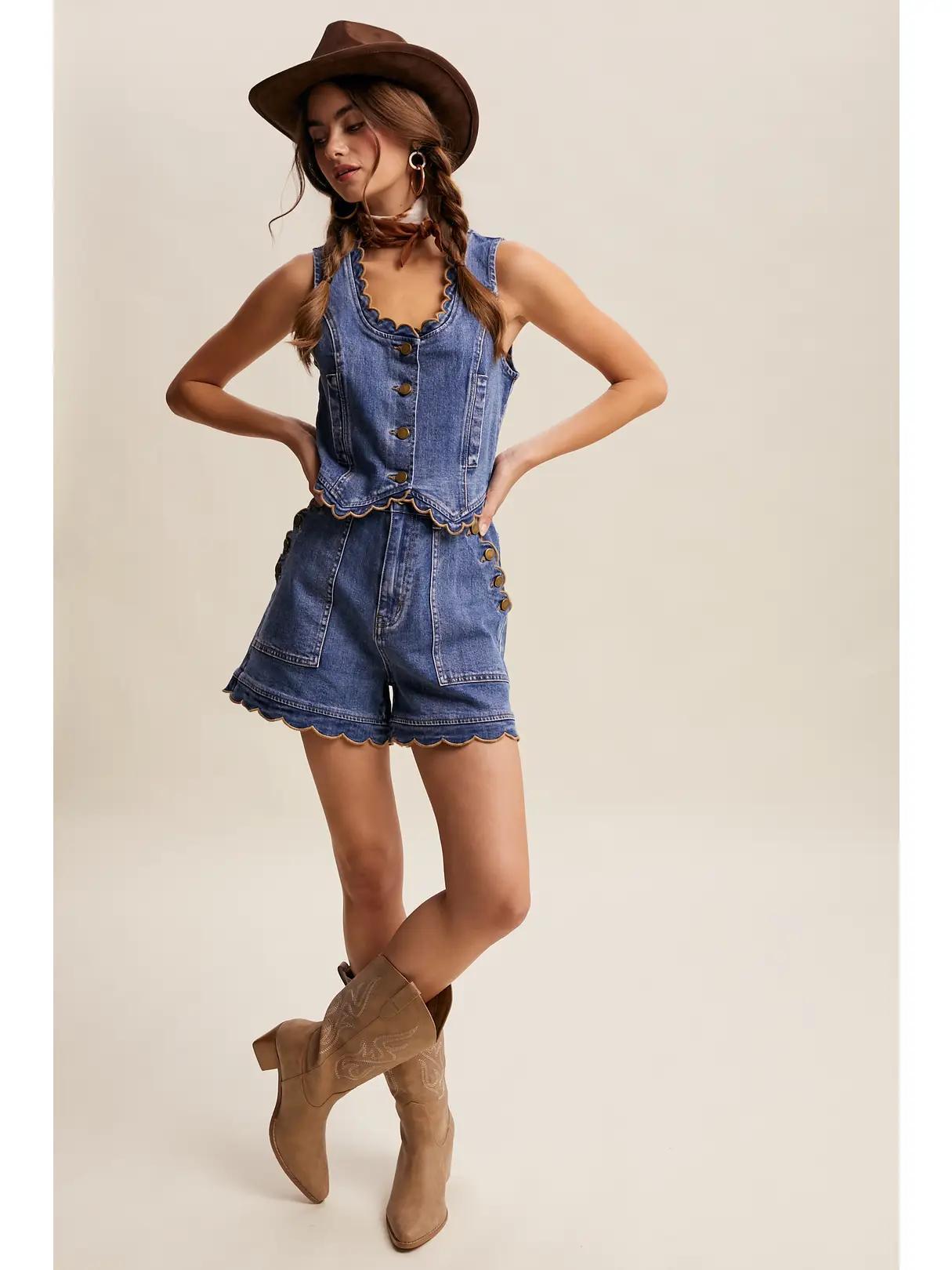 Scallop Button-Side Stretch Denim Shorts