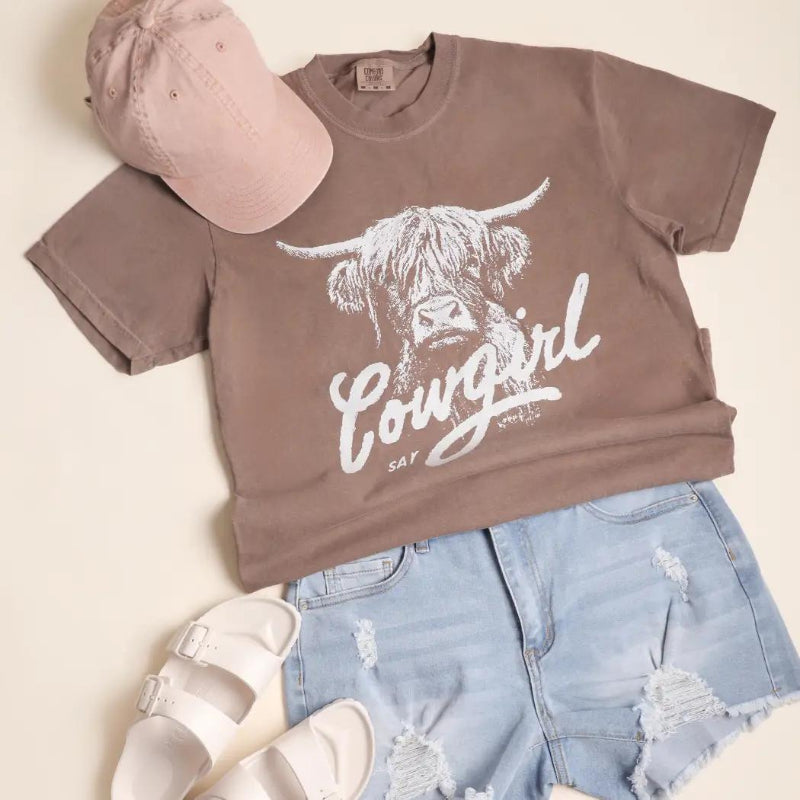 Fashion City Western Cowgirl Highland Cow Graphic Garment-Dyed T-Shirt