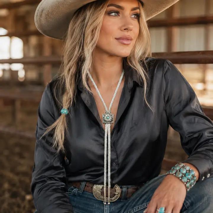 Rhinestone Bolo Tie with Turquoise Side