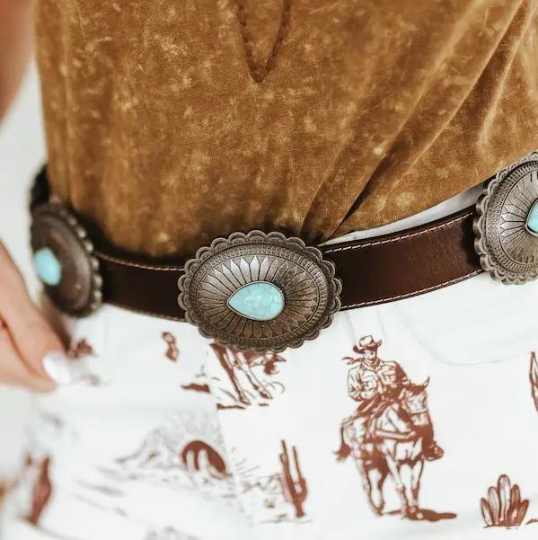 Turquoise Concho Belt – Brown Leather
