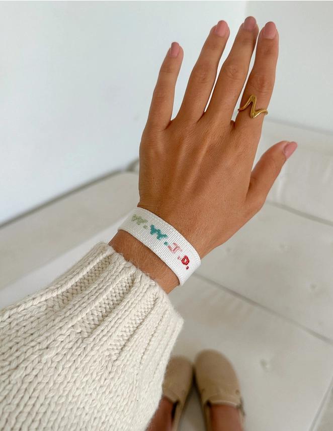 Elevated Faith WWJD Embroidered Bracelet – White, Beige & Blue