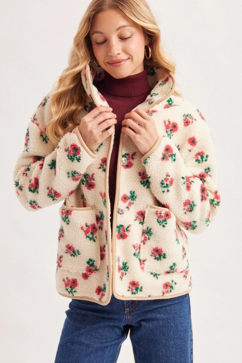 BLUIVY SNAP-BUTTON DOWN FLORAL SHERPA FLEECE JACKET - FRONT VIEW