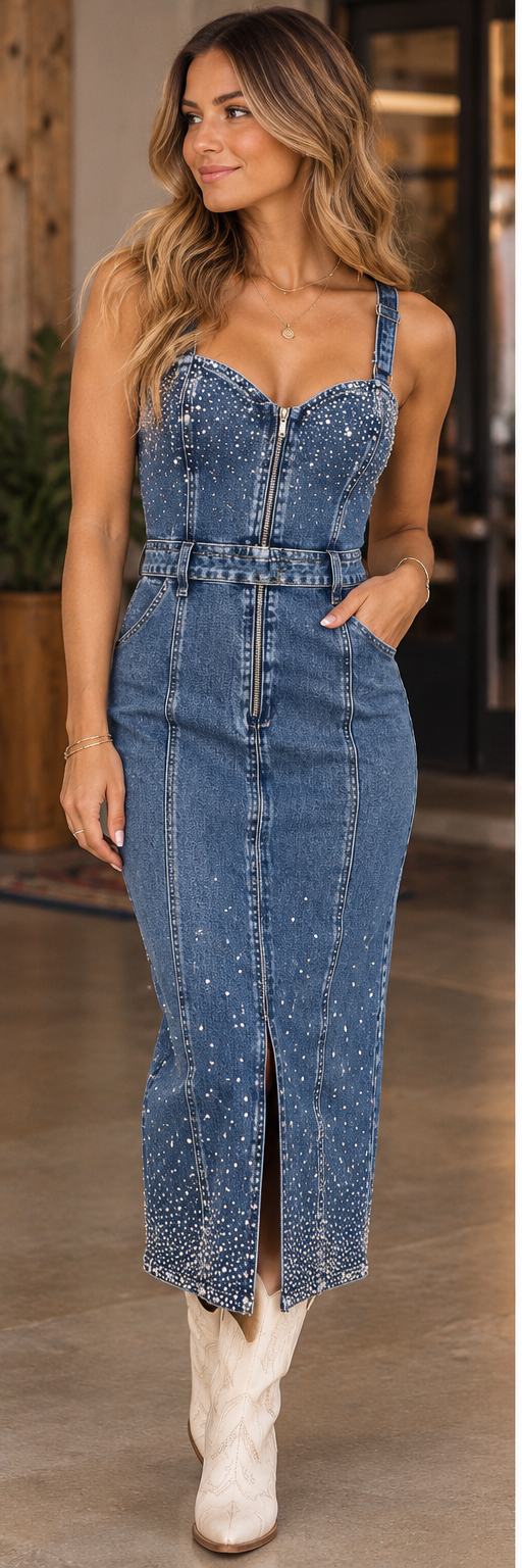 Rock & Roll Denim Crystal Studded Dress