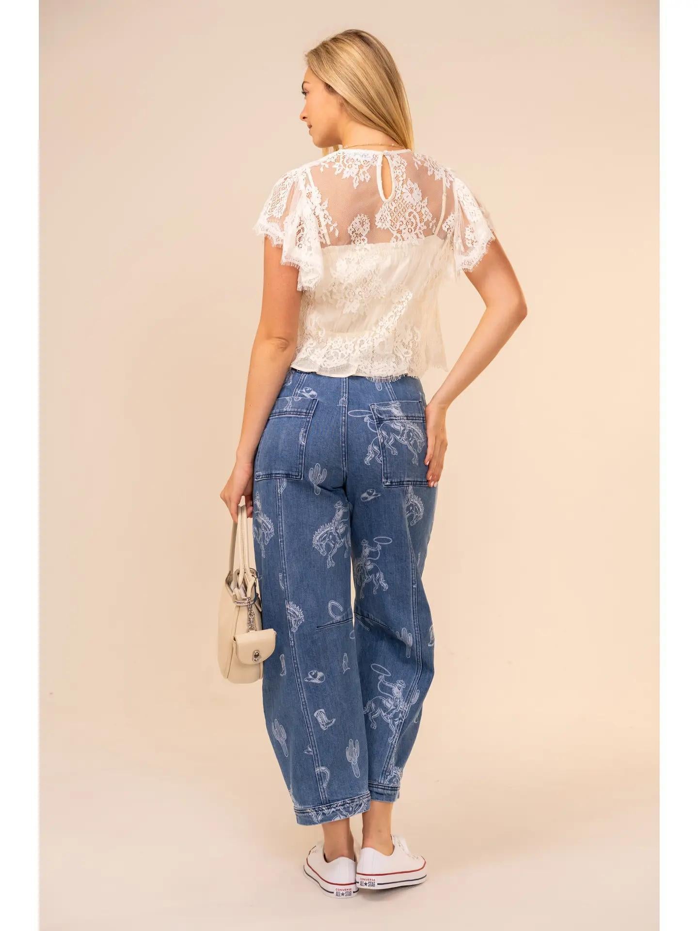 Western Print Barrel Leg Denim Jean - Medium Wash