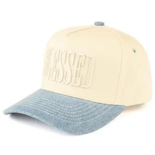 Hana C.C BLESSED Letter Embroidered Two Tone Trucker Cap | Denim
