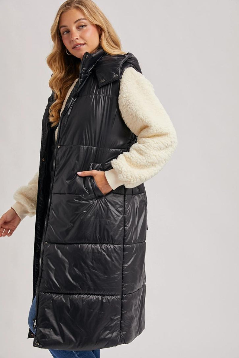 BLUIVY LONG LINE BELT PUFFER HOODED VEST - SIDE VIEW