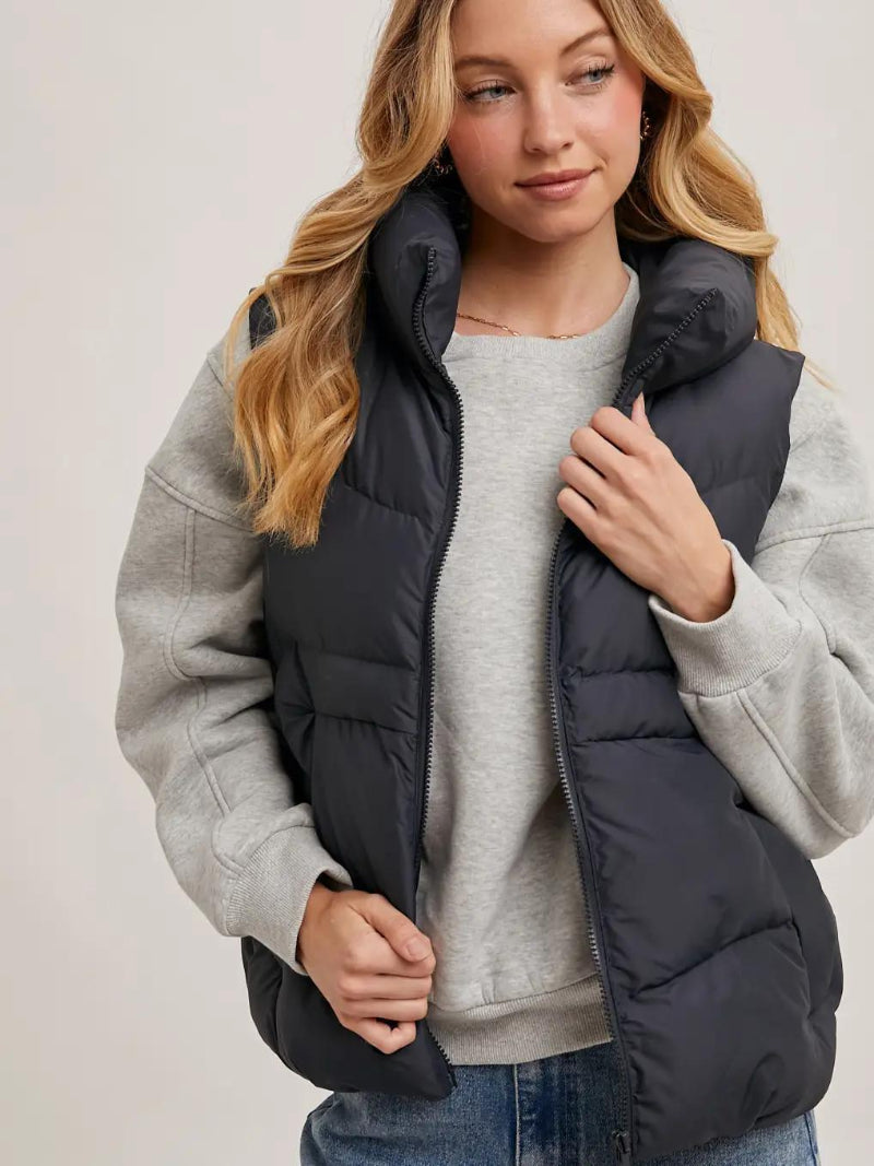 BLUIVY ZIPPER DOWN PUFFER HOODED VEST | ASH - FRONT VIEW