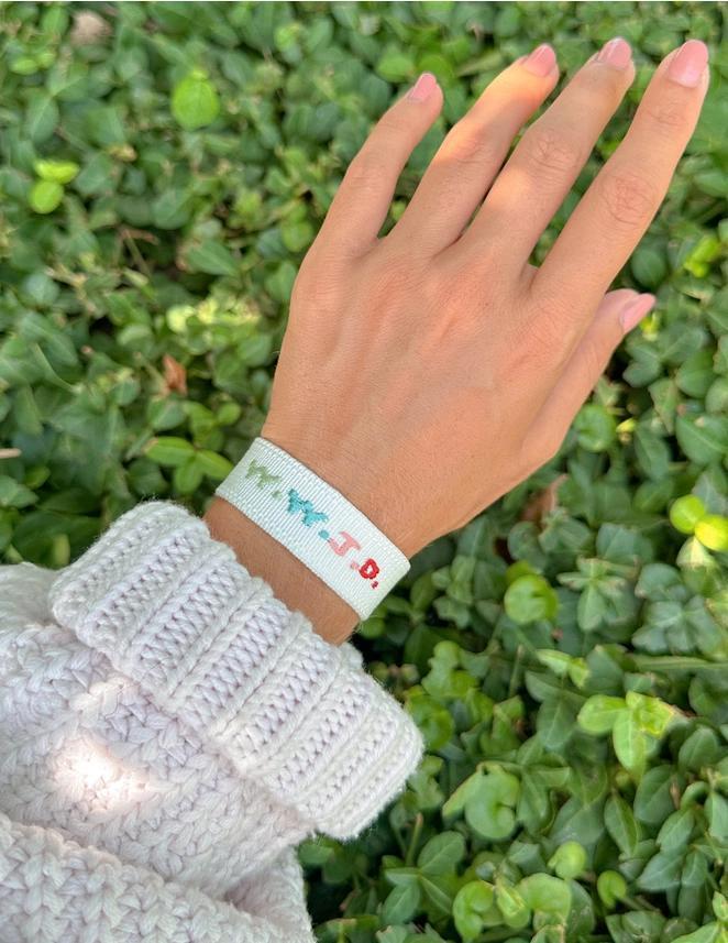 Elevated Faith WWJD Embroidered Bracelet – White, Beige & Blue