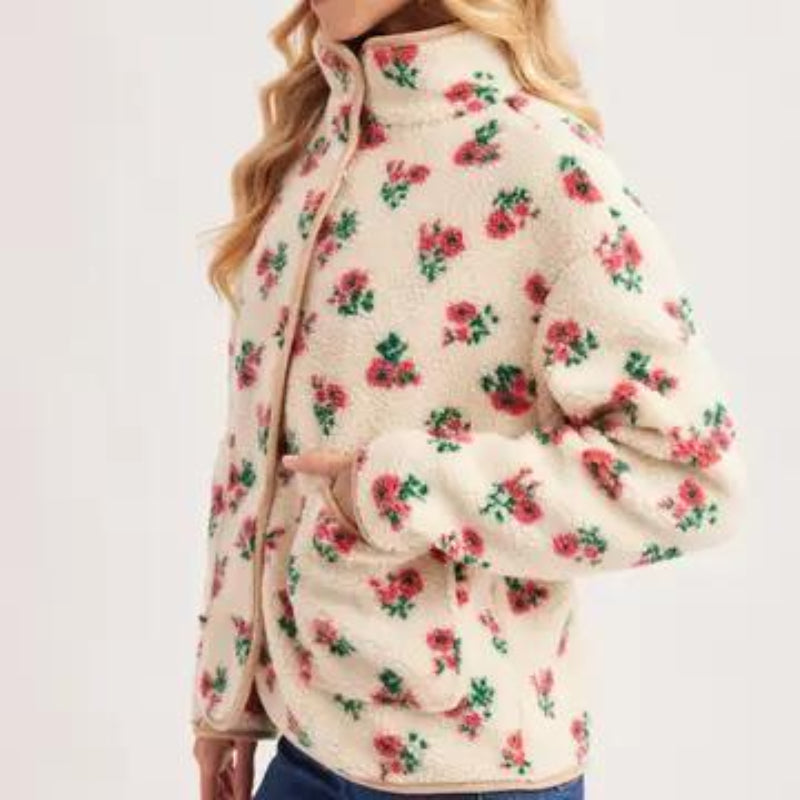 BLUIVY SNAP-BUTTON DOWN FLORAL SHERPA FLEECE JACKET - FRONT VIEW
