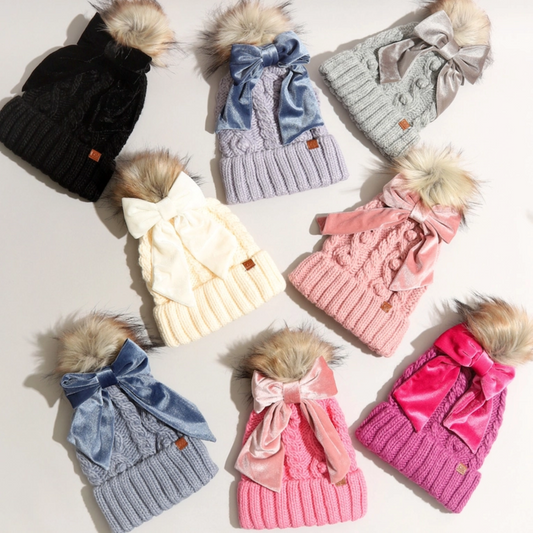 Fashion City - Winter Knitted Beanie Pom Pom Ribbon Bow Scrunchie