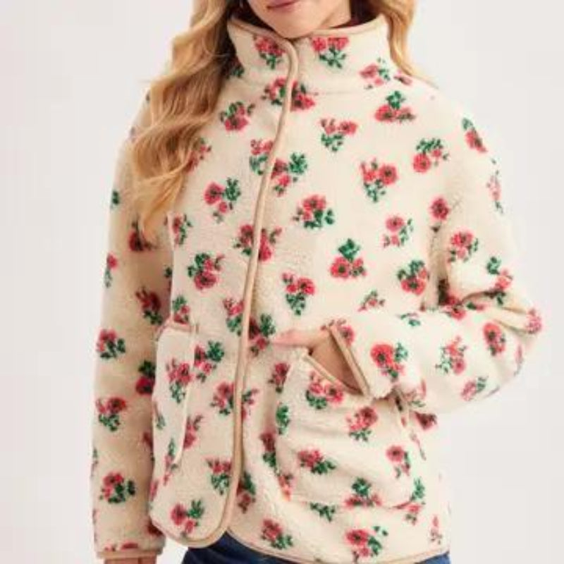 BLUIVY SNAP-BUTTON DOWN FLORAL SHERPA FLEECE JACKET - FRONT VIEW