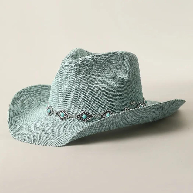 Fashion City Cowboy Straw Hat With Turquoise Metal Band