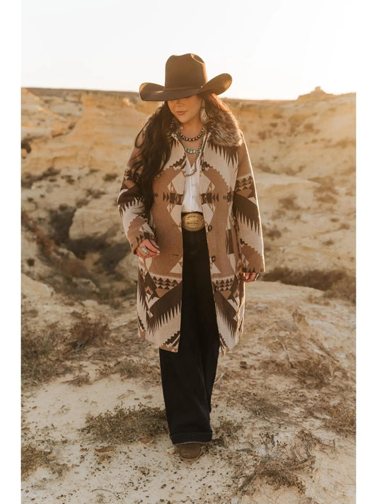 Aztec Long Coat with Removable Fur Collar