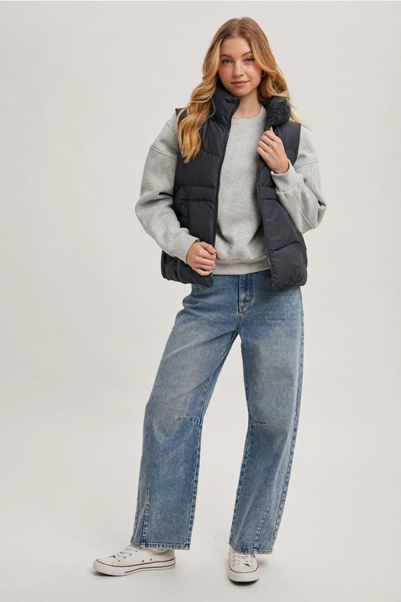 BLUIVY ZIPPER DOWN PUFFER HOODED VEST | ASH - FRONT VIEW