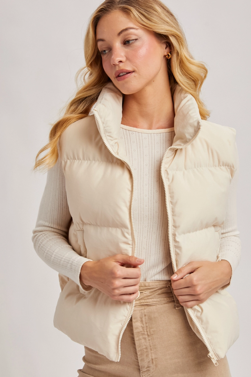 BLUIVY ZIPPER FRONT PUFFER VEST | ECRU - FRONT VIEW