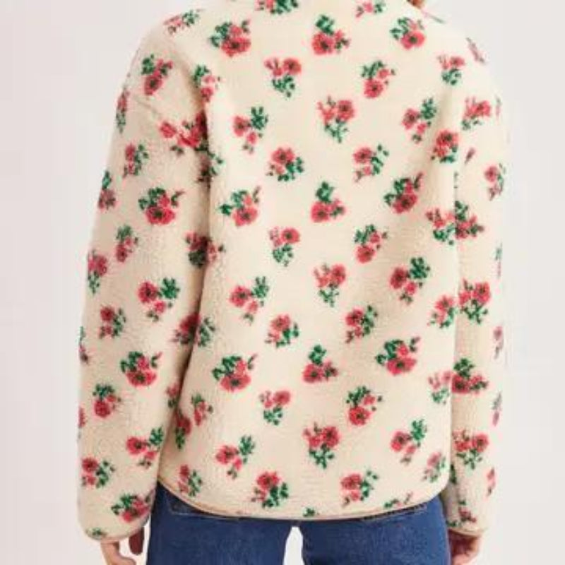 BLUIVY SNAP-BUTTON DOWN FLORAL SHERPA FLEECE JACKET - BACK VIEW