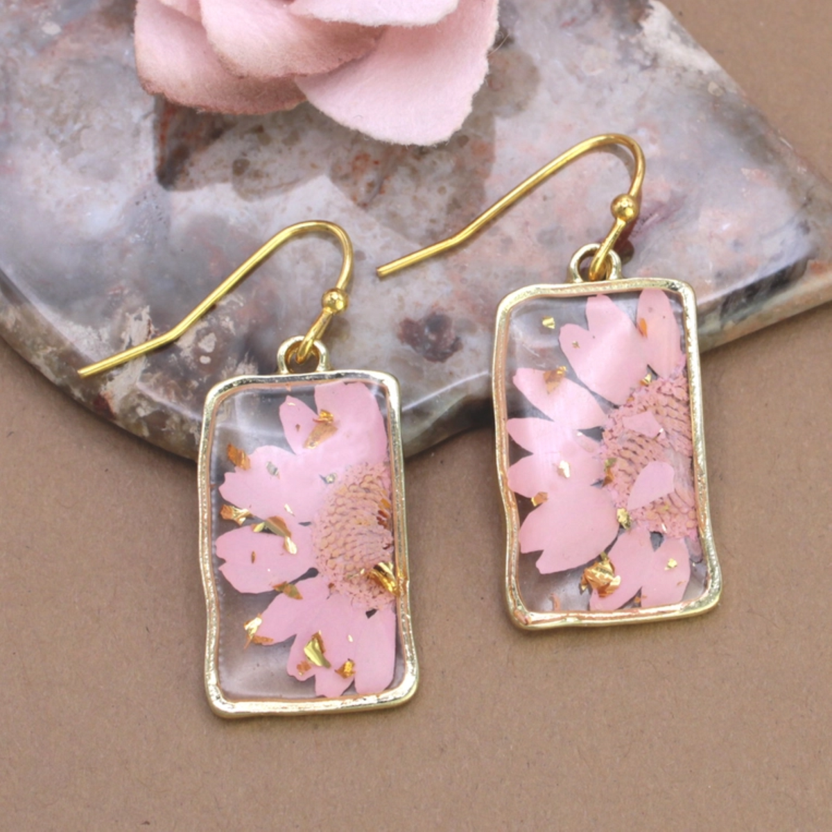 Pink Dried Flower Rectangle Gold