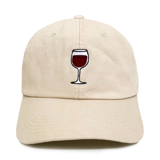 Wine Glass Embroidered Dad Hat - Sand Tan Cotton