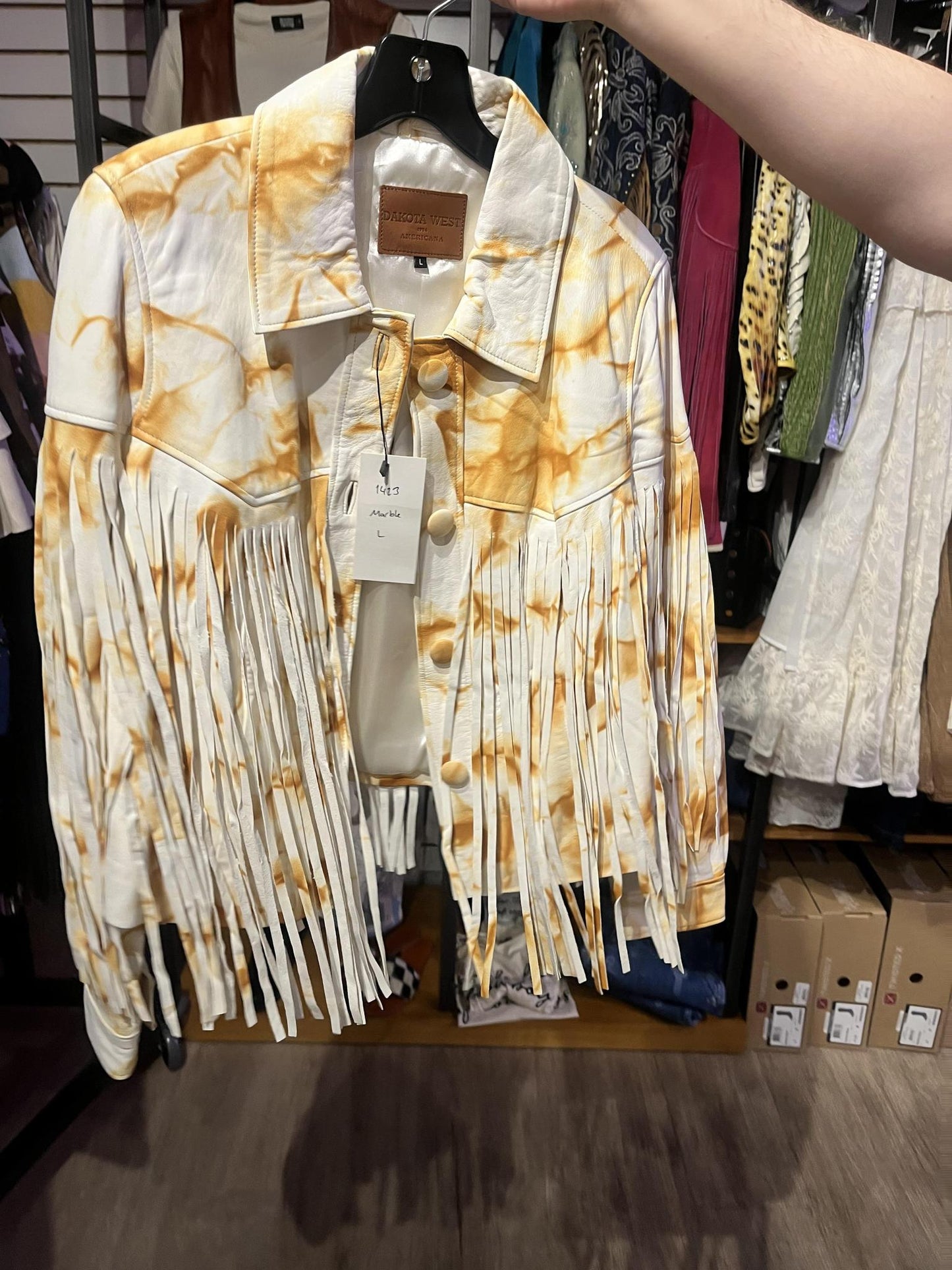 Dakota West White Marble Short Jacket with Fringe