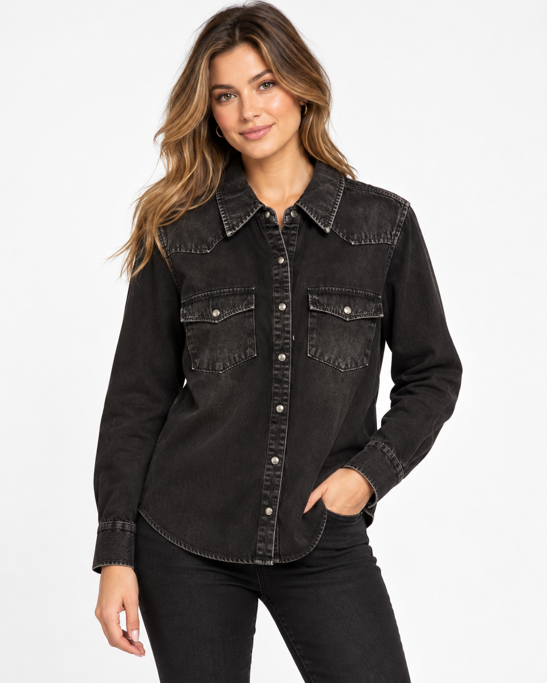 Rock & Roll Black Washed Denim Western Snap Shirt