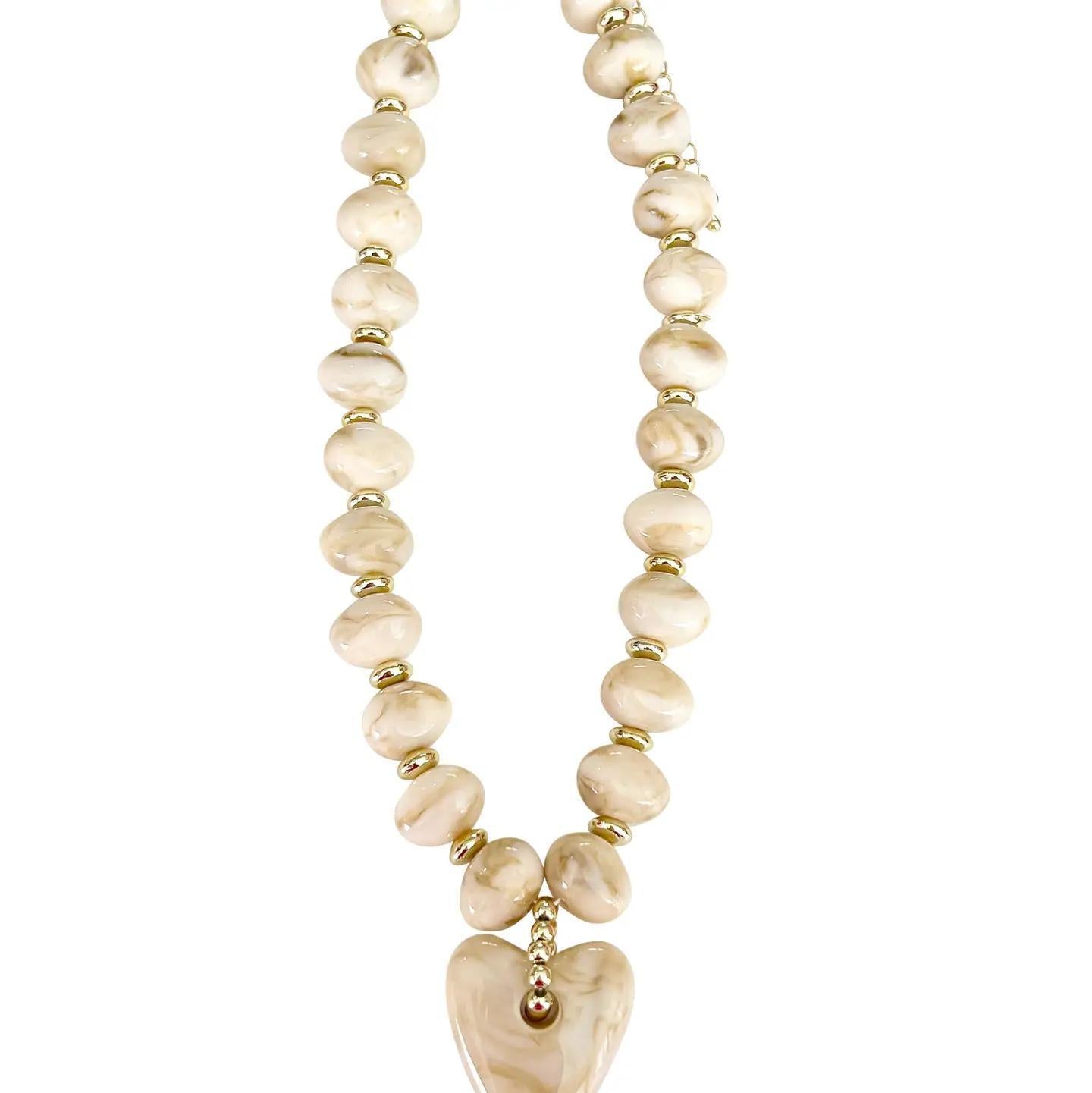 Gemelli Athens Cream Beaded Necklace with Heart Charm