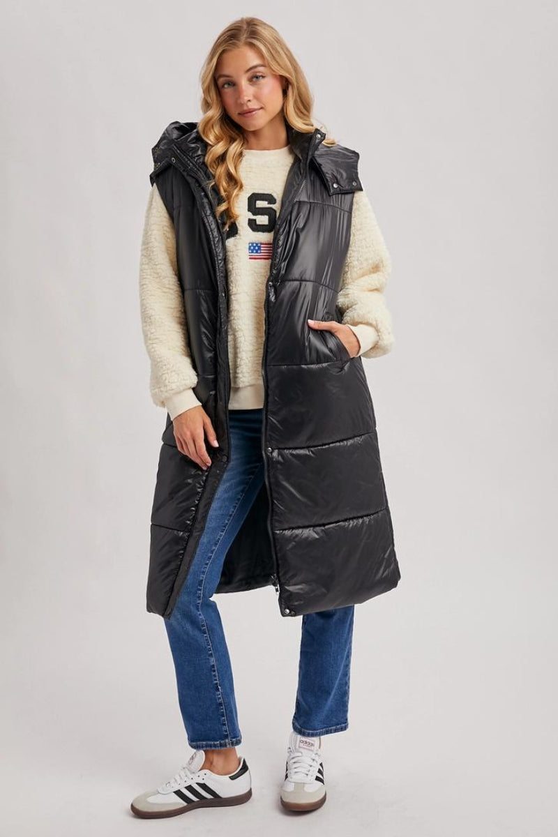 BLUIVY LONG LINE BELT PUFFER HOODED VEST - FRONT VIEW