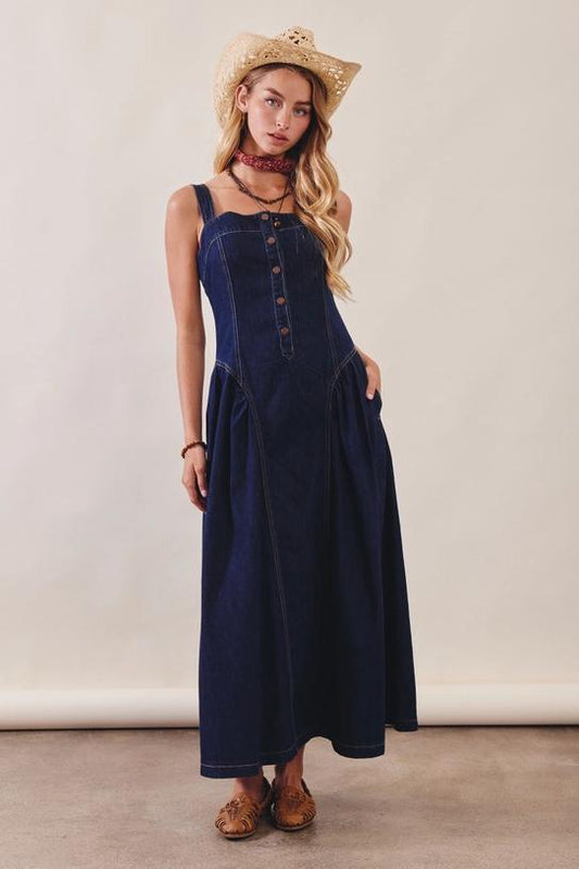 Button-Front Denim Maxi Dress