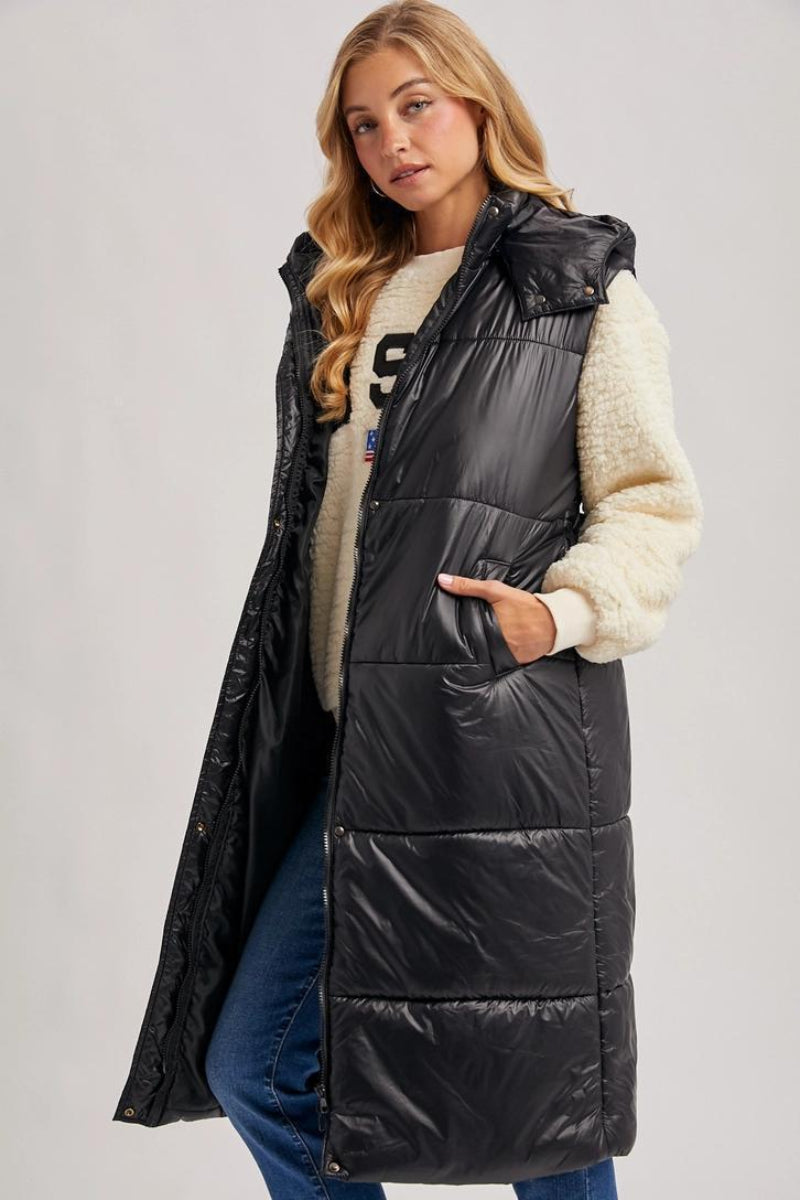 BLUIVY LONG LINE BELT PUFFER HOODED VEST - SIDE VIEW