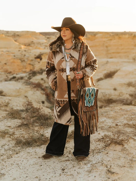 Aztec Long Coat with Removable Fur Collar