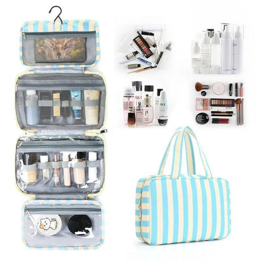 Striped Hanging Toiletry & Makeup Organizer Bag - BLUE OFF WHITE