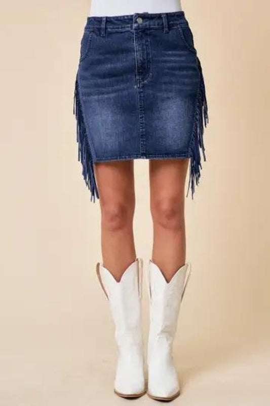 SAINTS & HEARTS FRINGED DENIM MINI SKIRT
