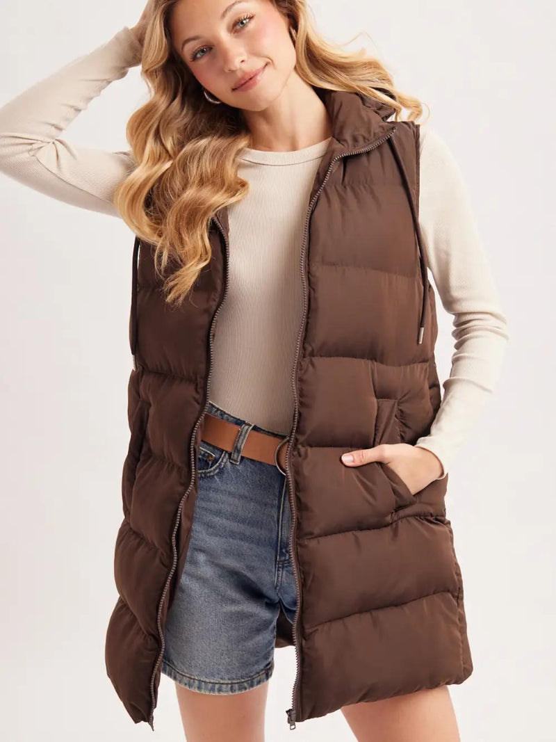 BLUIVY HOODED ZIPPER DOWN LONGLINE PUFFER VEST |
CHOCOLATE