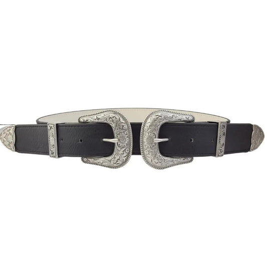 Axesoria West Silver Western Double Buckle Belt Black