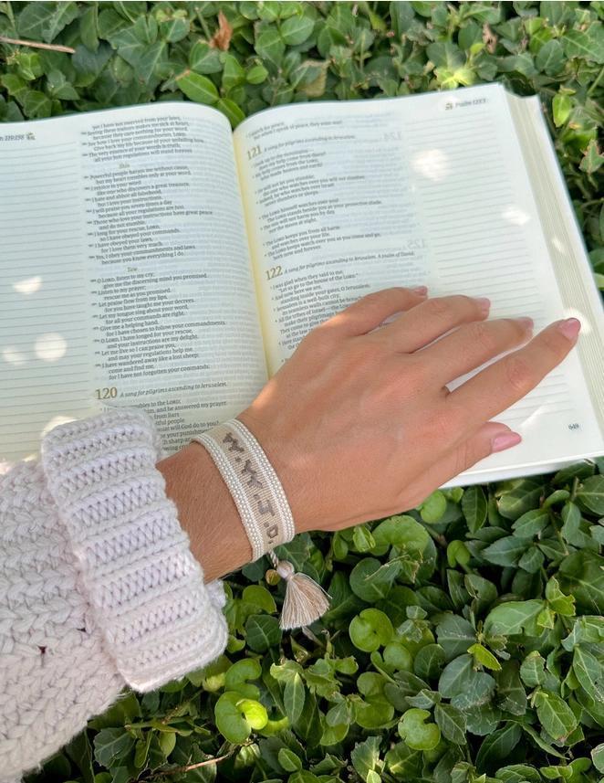 Elevated Faith WWJD Embroidered Bracelet – White, Beige & Blue