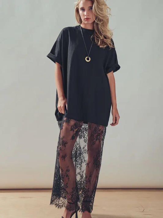 Mixed Media T-Shirt Dress with Sheer Lace Skirt