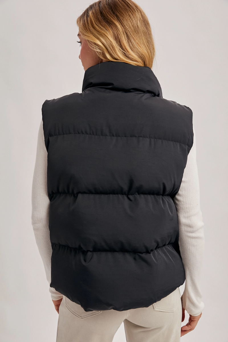 BLUIVY ZIPPER FRONT PUFFER VEST | BLACK - BACK VIEW